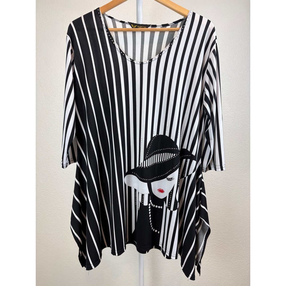 Valentina Women's Striped Tunic Top Abstract Face Art Print Lagenlook 3/4 Sleeve